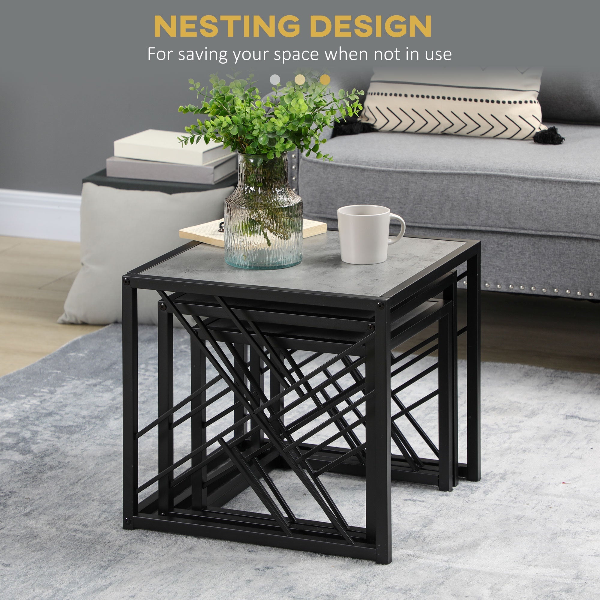 HOMCOM Nest of Tables 3 Piece Square Coffee Table Set Metal Frame for Living Room Bedroom Grey