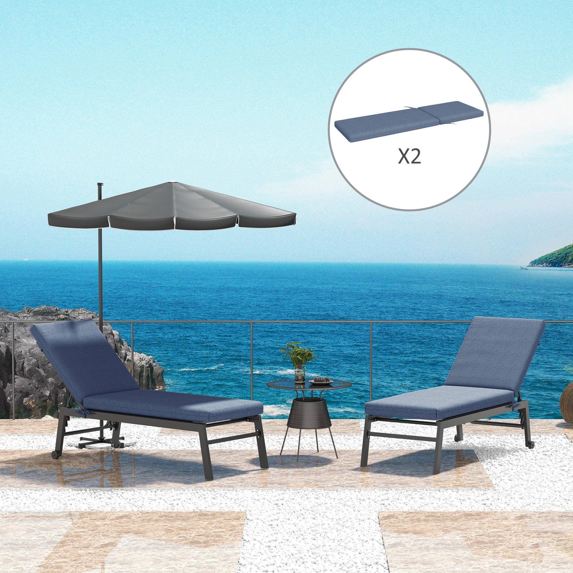 Outsunny Patio Chair Cushion Set 2-Piece with Back and Seat Thick Filling Outdoor Ties Blue