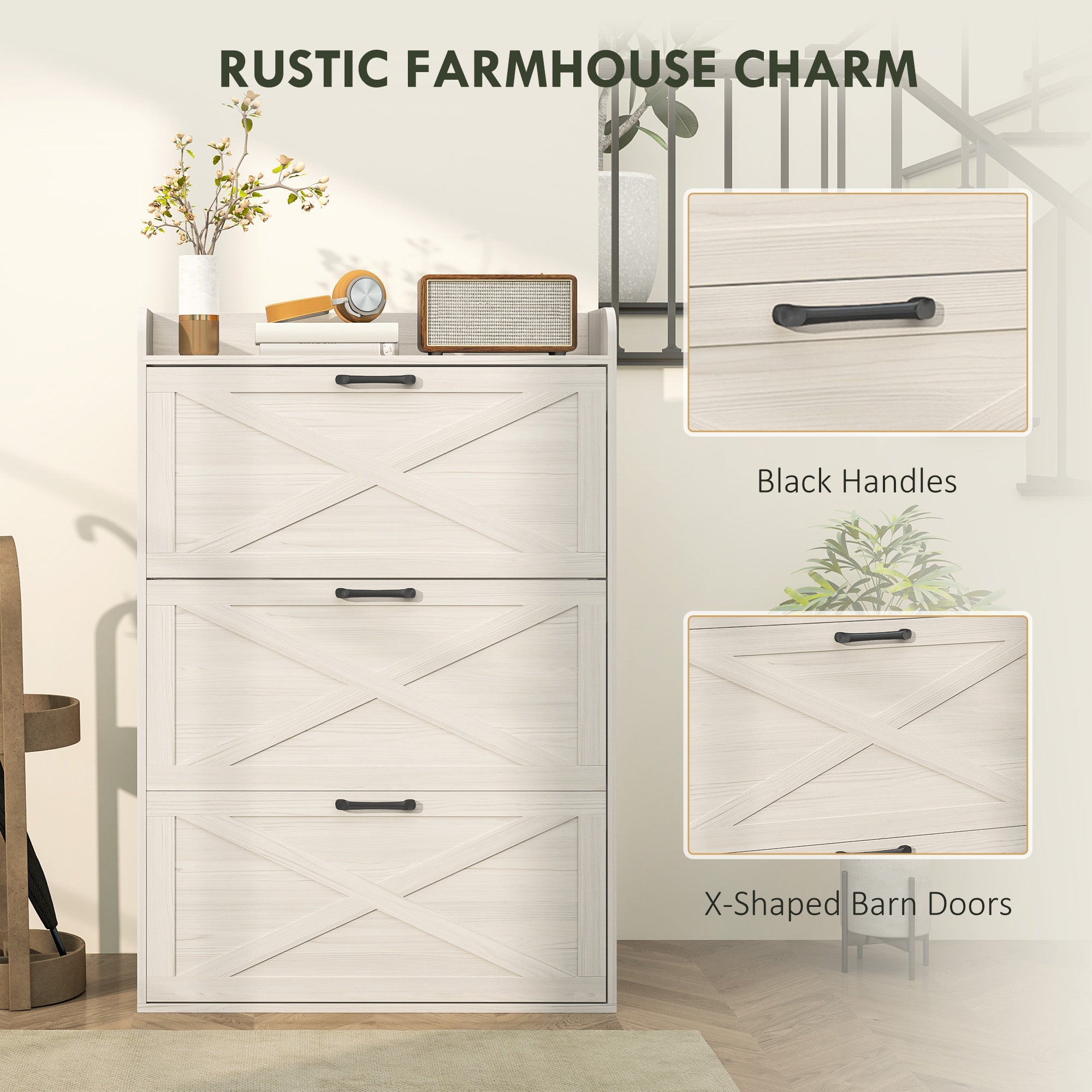 HOMCOM Narrow Shoe Storage Cabinet Farmhouse Shoe Cabinet with 3 Flip Drawers Adjustable Shelves for Entryway White Wood Grain