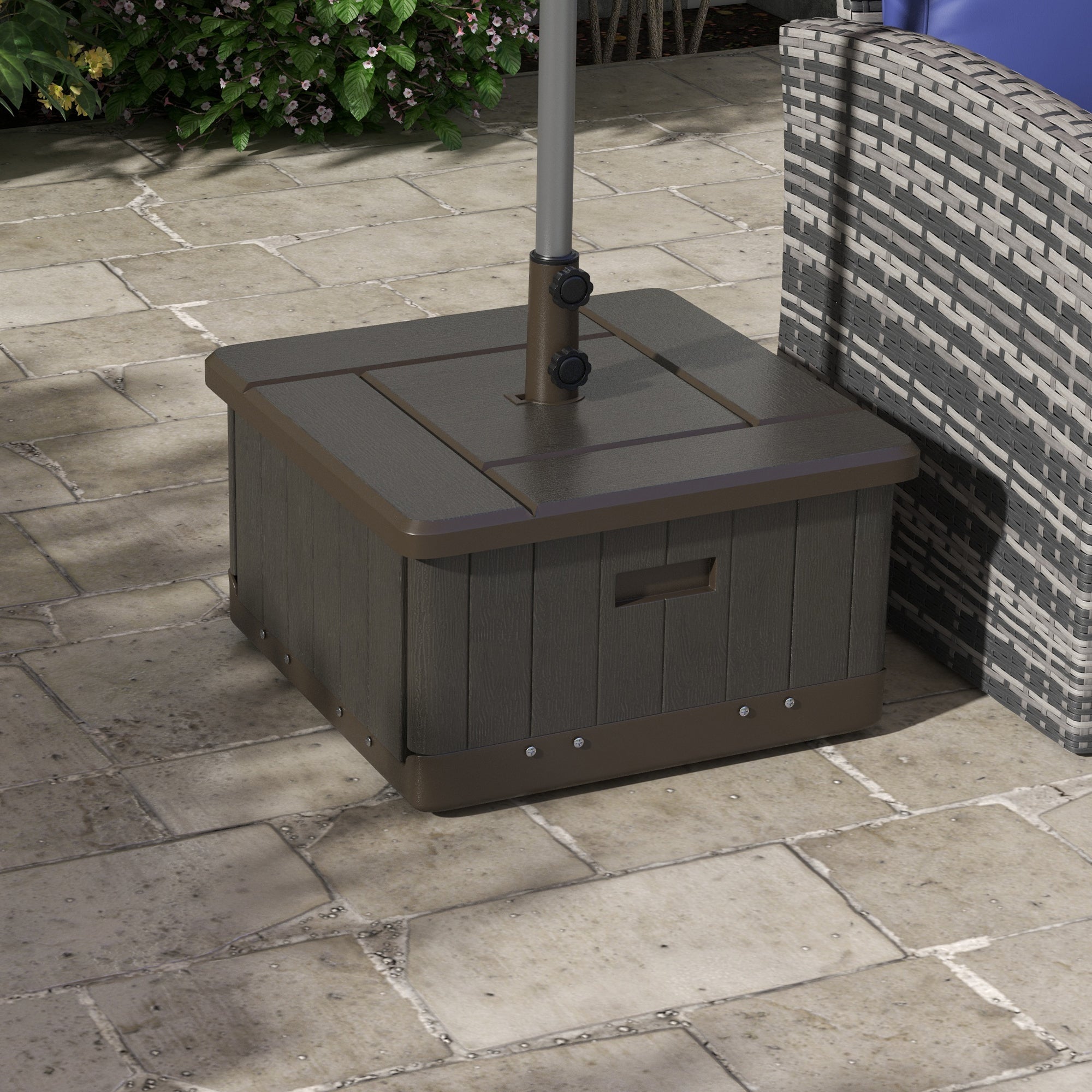 Outsunny 3-in-1 Outdoor Umbrella Base with Wheels and Handles, End Table, Flower Box Planter with Hole, 176 lbs. Capacity, Brown