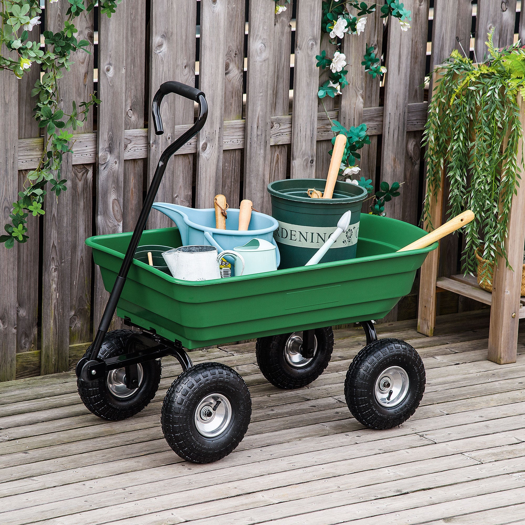 Outsunny Steel Garden Cart with Handle and 10" Pneumatic Tires, Utility Wagon Cart for Garden, Patio, Lawn, 551 lbs Capacity