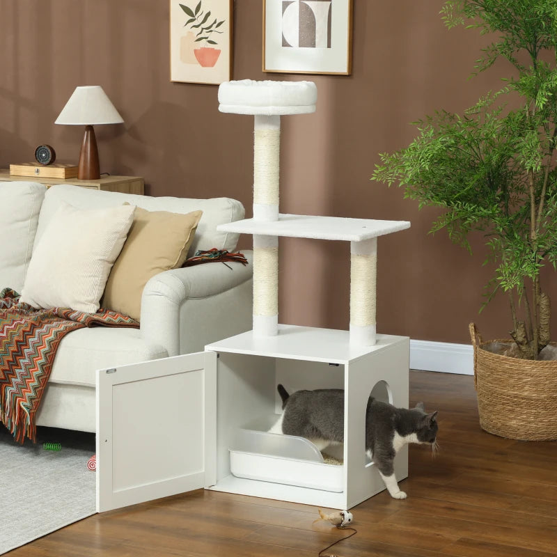Cat Tree with Litter Box Enclosure, Sisal Covered Scratching Posts, Large Platform, Bed for Indoor Cats, White