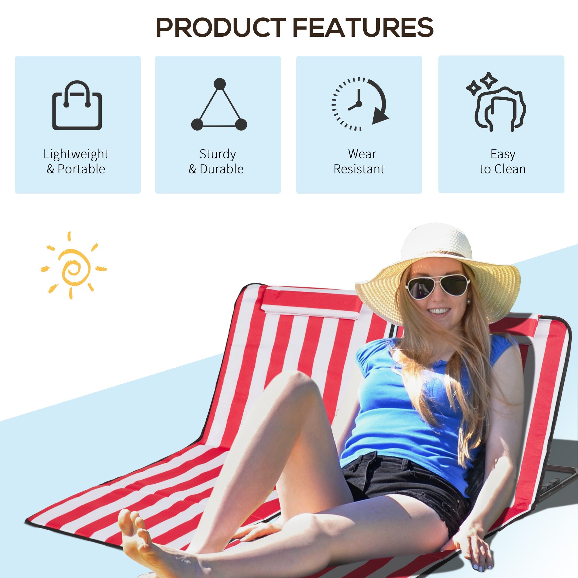 Outsunny Beach Mat Set of 2 Padded Folding Red White Adjustable Back Steel Frame Head Pillow