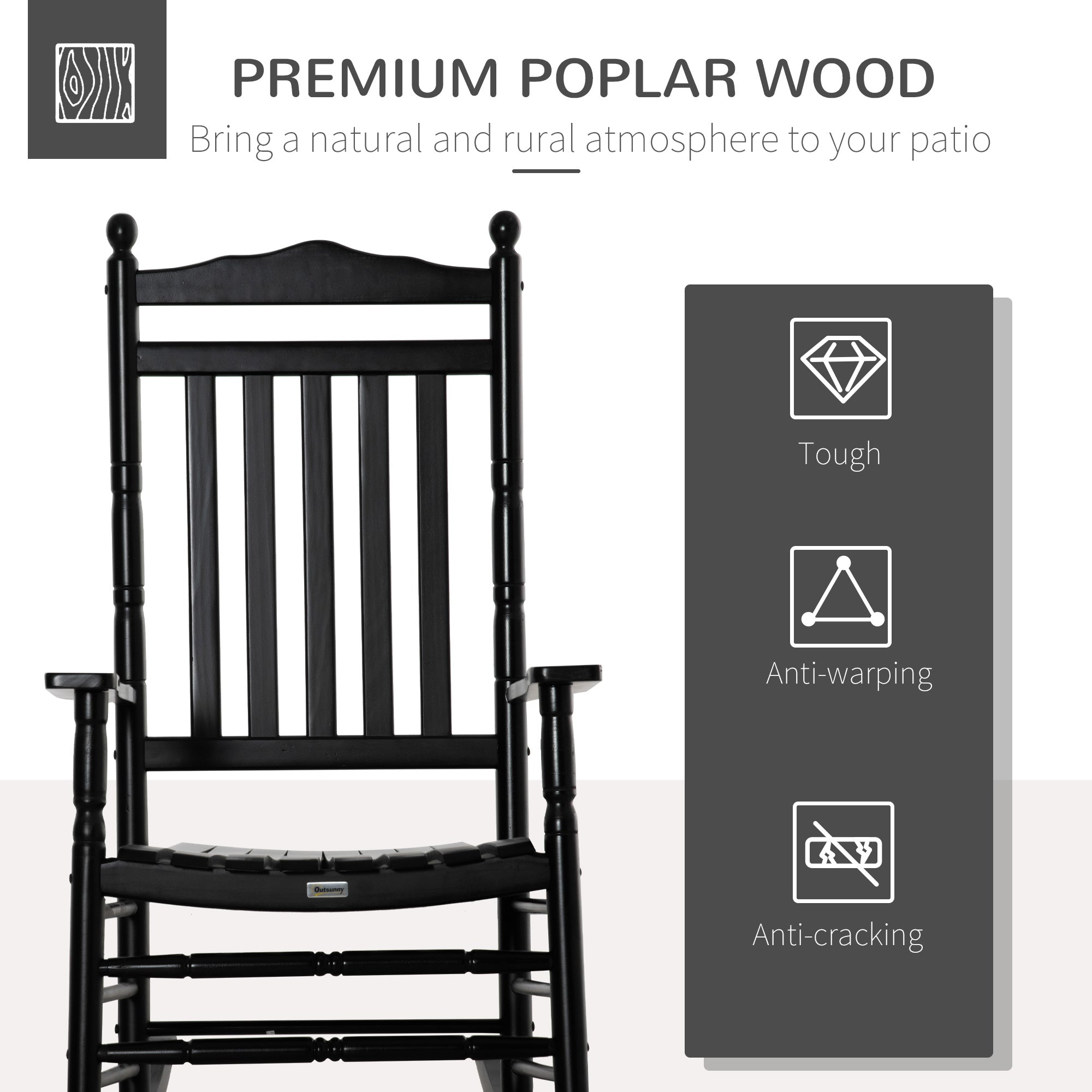Outsunny Wooden Outdoor Rocking Chair, Patio Rocking Chair with Slatted High Back and Armrests for Porch, Garden, Lawn, Black