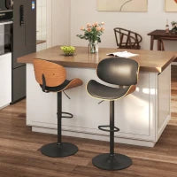 Bar Stools Set of 2, Modern PU Leather Adjustable Swivel Barstools with Curved Back, Footrest and Steel Base, Black