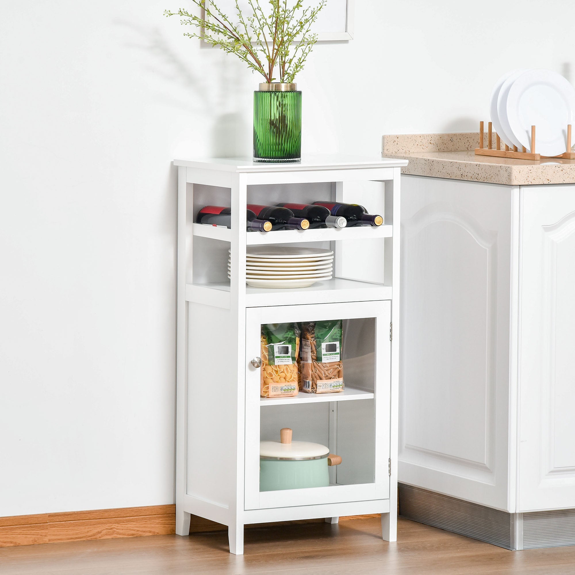 HOMCOM Wine Cabinet 4 Bottle Wine Rack Open Shelf Acrylic Door Cabinet Adjustable Shelf Home Bar White Furniture