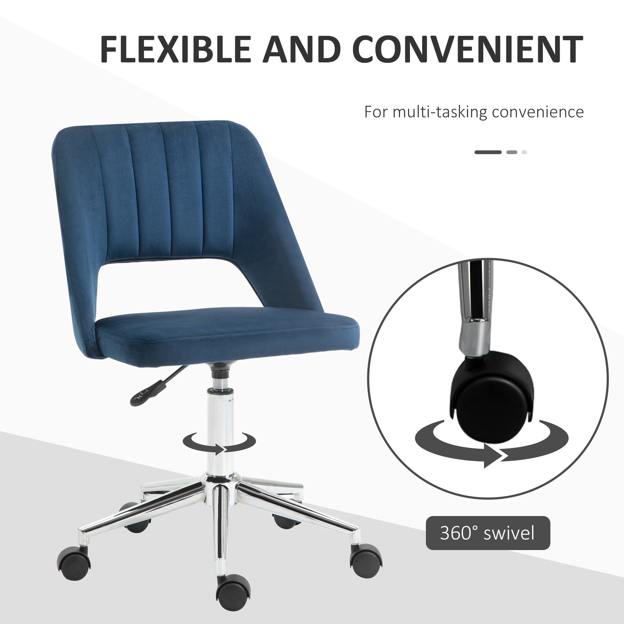 Vinsetto Ergonomic Swivel Chair: Plush Velvet Upholstery, Scalloped Backrest & 360° Mobility for Comfortable Computing, Blue