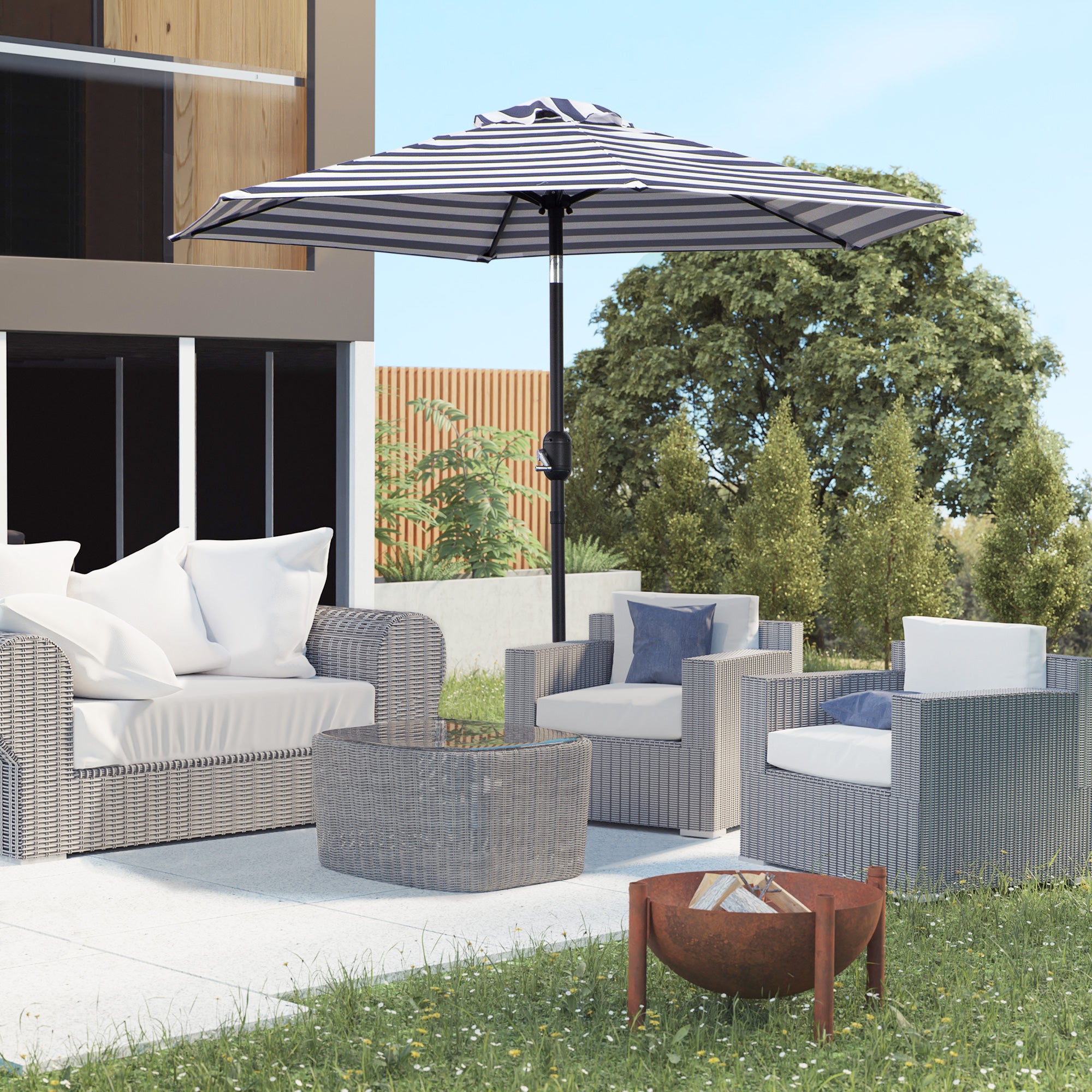 Outsunny Patio Sun Umbrella, Outdoor Parasol with 6 Ribs, Blue Stripes