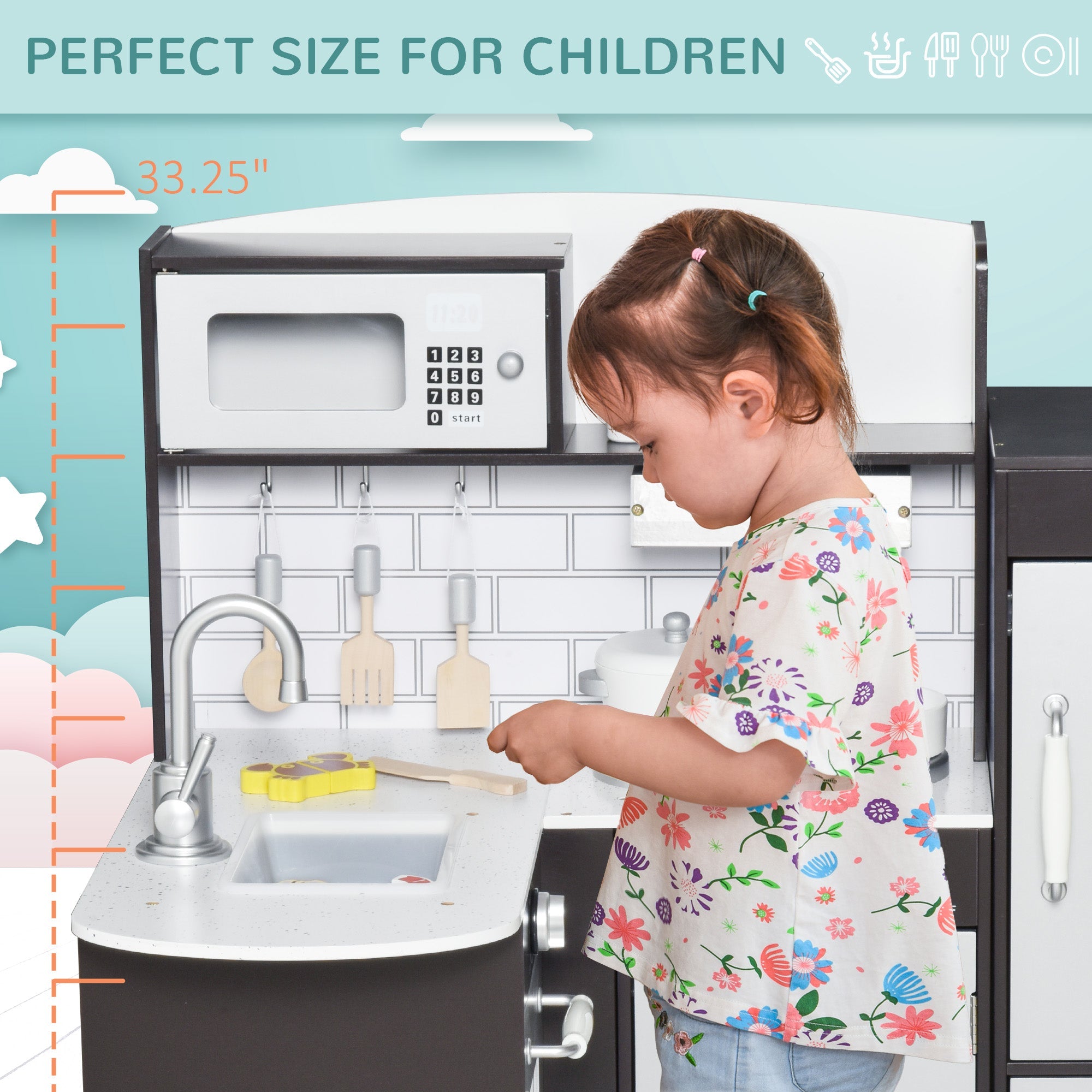 Qaba Play Kitchen Set for Kids - Black Cooking Toy with Drinking Fountain, Microwave, Fridge & Accessories