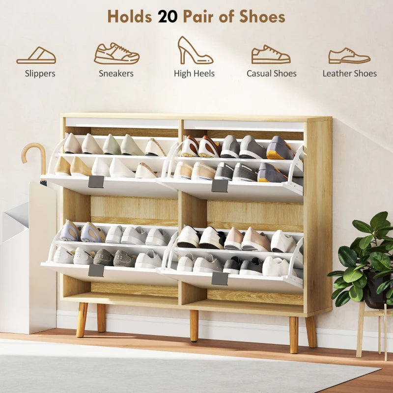 Narrow Shoe Cabinet, High Gloss Shoe Storage Cabinet with 4 Flip Drawers and Adjustable Shelves, Holds 20 Pairs, White