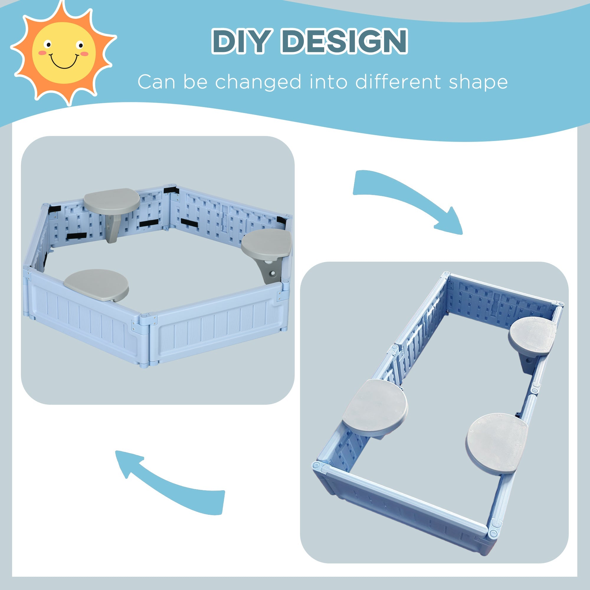 Outsunny Sandbox with Cover for Kids 3 Seats Bottom Liner Light Blue 3-12 Years Old