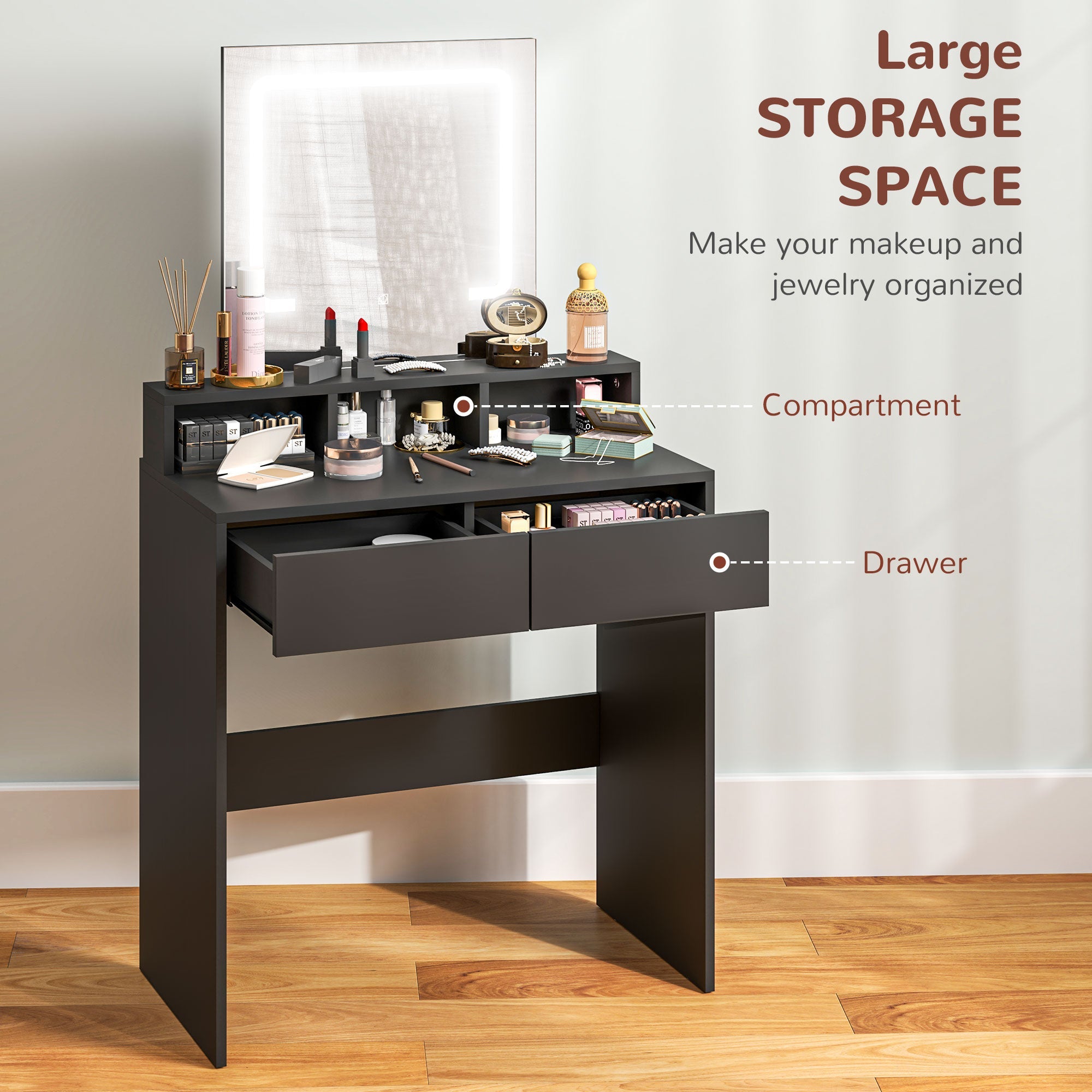 HOMCOM Makeup Vanity Desk with Mirror and LED Lights, for Bedroom, Modern Dressing Table with Drawers, Compartments, Black