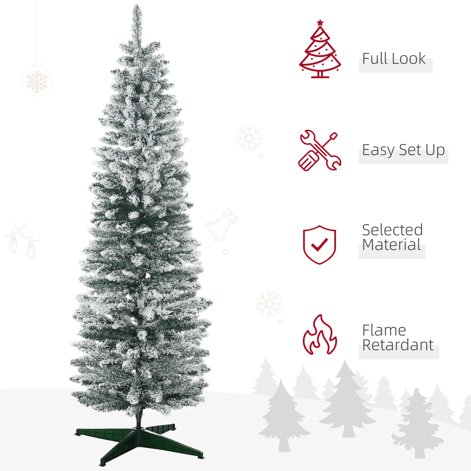 HOMCOM 6ft Tall Pencil Artificial Christmas Tree, Holiday Décor with 390 Snow Flocked Branches, Green
