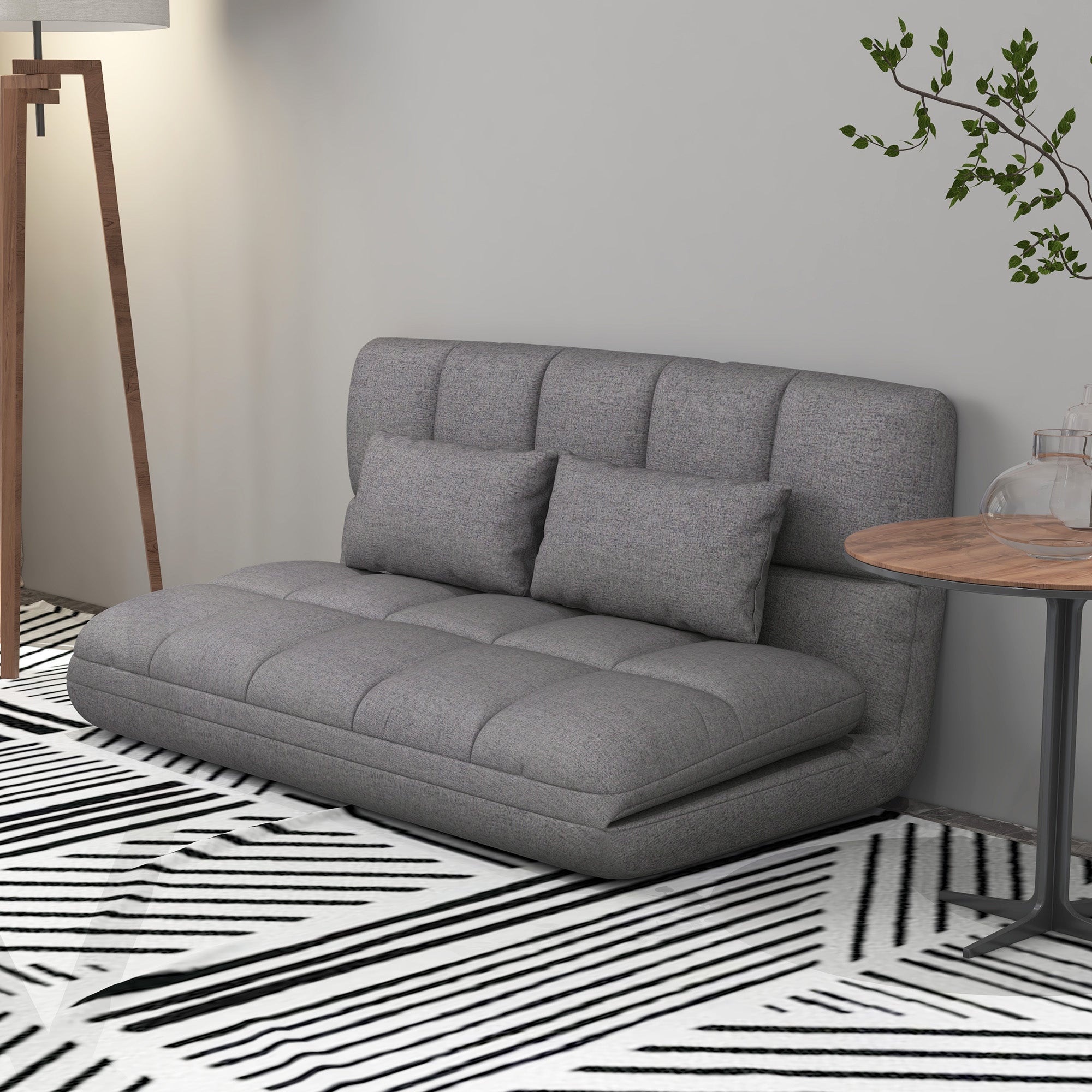 HOMCOM Convertible Floor Sofa Foldable Lazy Sofa Sleeper Adjustable Upholstered Floor Couch 9-position Backrest 2 Pillows