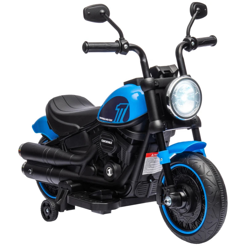 Aosom 6V Kids Motorcycle with Training Wheels, Foot Pedal, Headlight, Music, Forward/Reverse, Single-Button Start, Blue