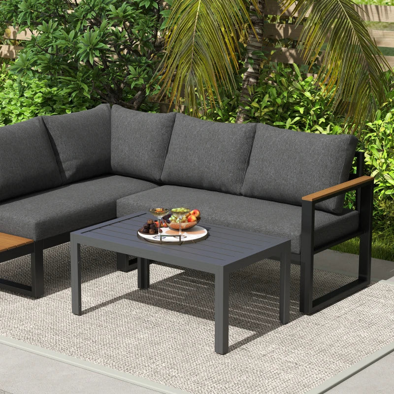 Outdoor Coffee Table, Rectangular Patio Table with Steel Frame and Slat Tabletop for Garden, Balcony, Grey