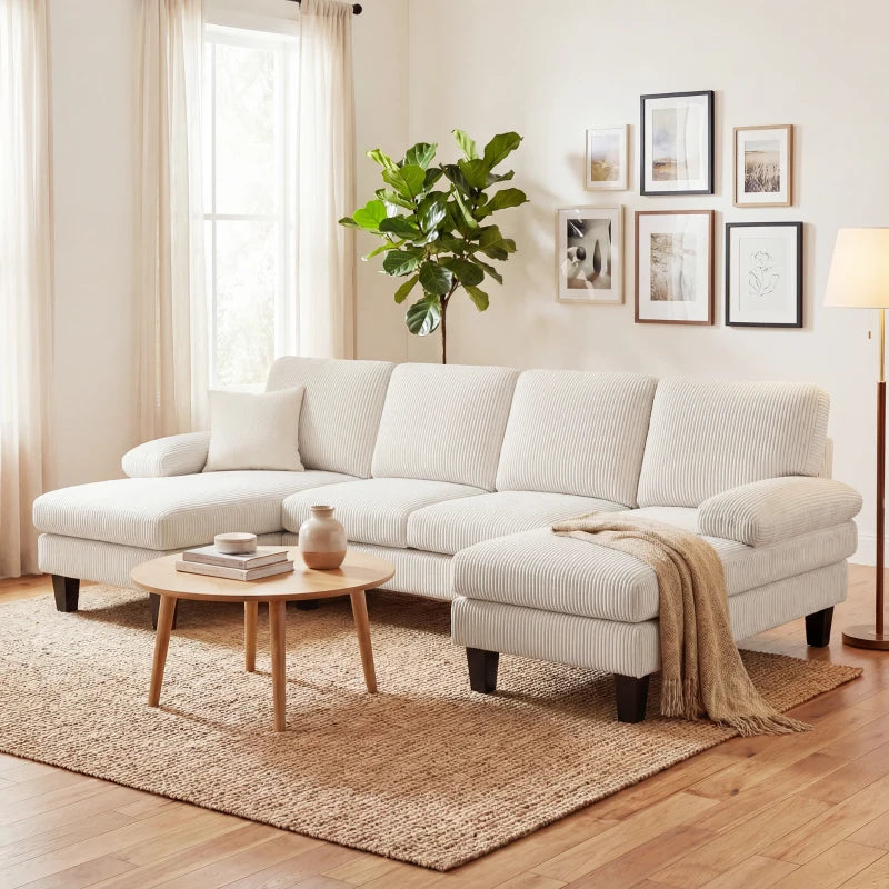 Sectional Sofa, U Shaped Couch with Double Chaise, Pillow-top Armrests and Spring Cushions, 2200lb Capacity, Beige