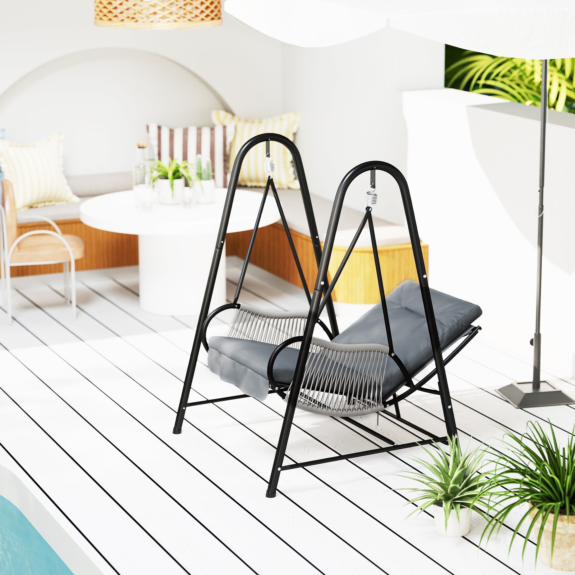 Outsunny Rattan Hammock Chair with Stand Included, Hanging Swing Chair with Stand and Seat Cushion, Light Grey
