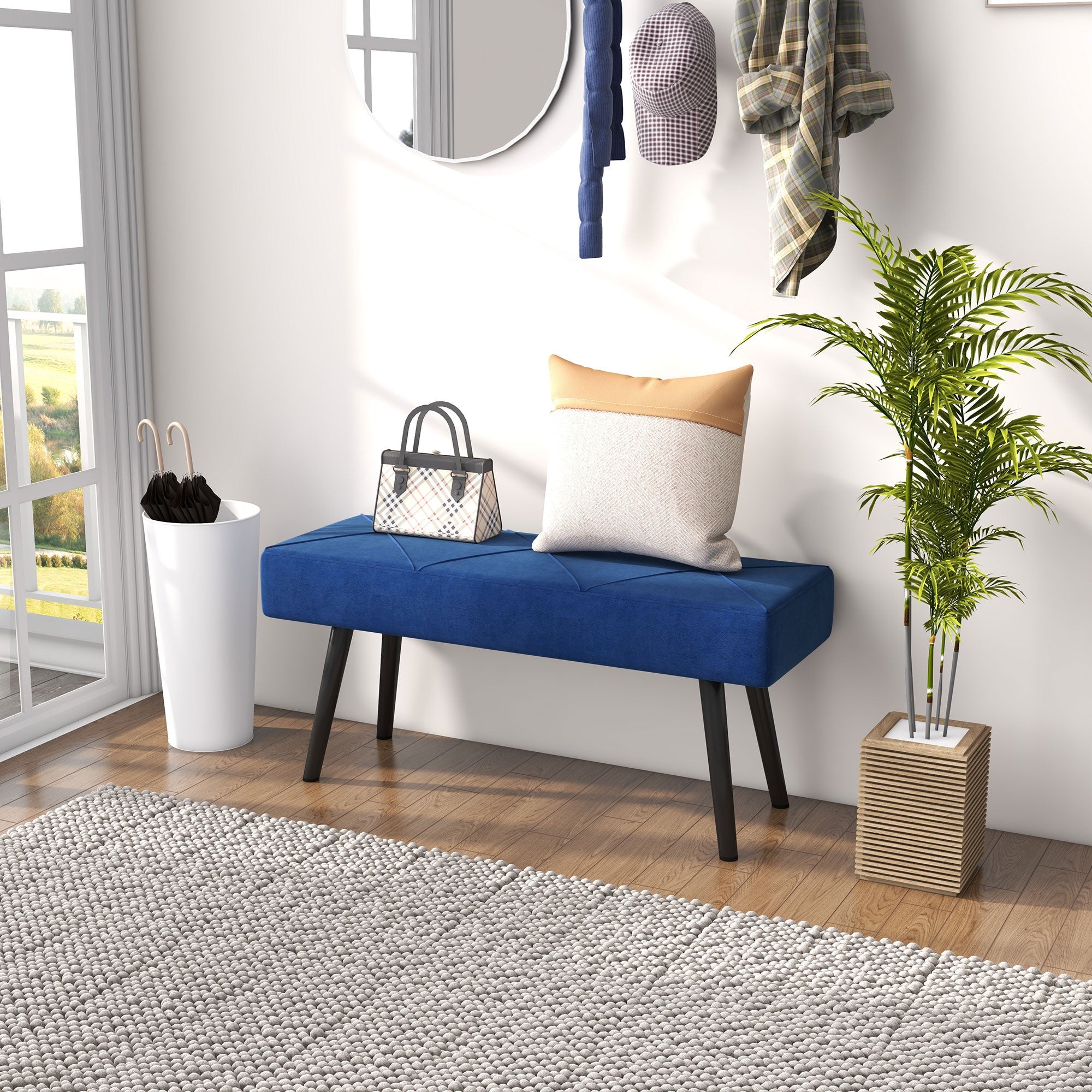 HOMCOM 39 Inches Upholstered Bedroom Bench, Modern End of Bed Bench with Steel Legs, Dark Blue