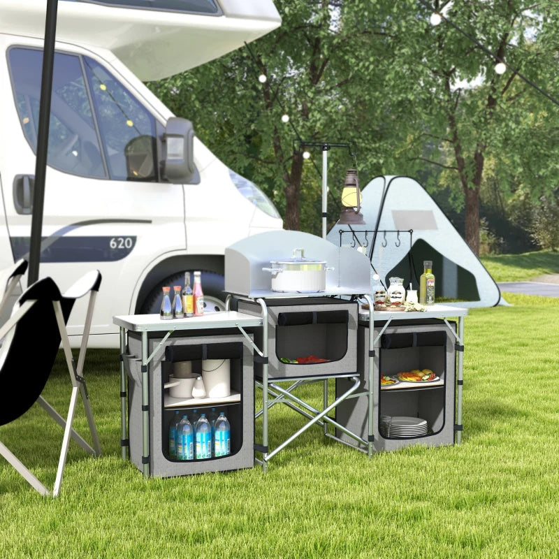 Aluminum Camping Kitchen, Portable Folding Camping Table with Fabric Cupboards, Windshield, Bag for BBQ, Picnic, Grey