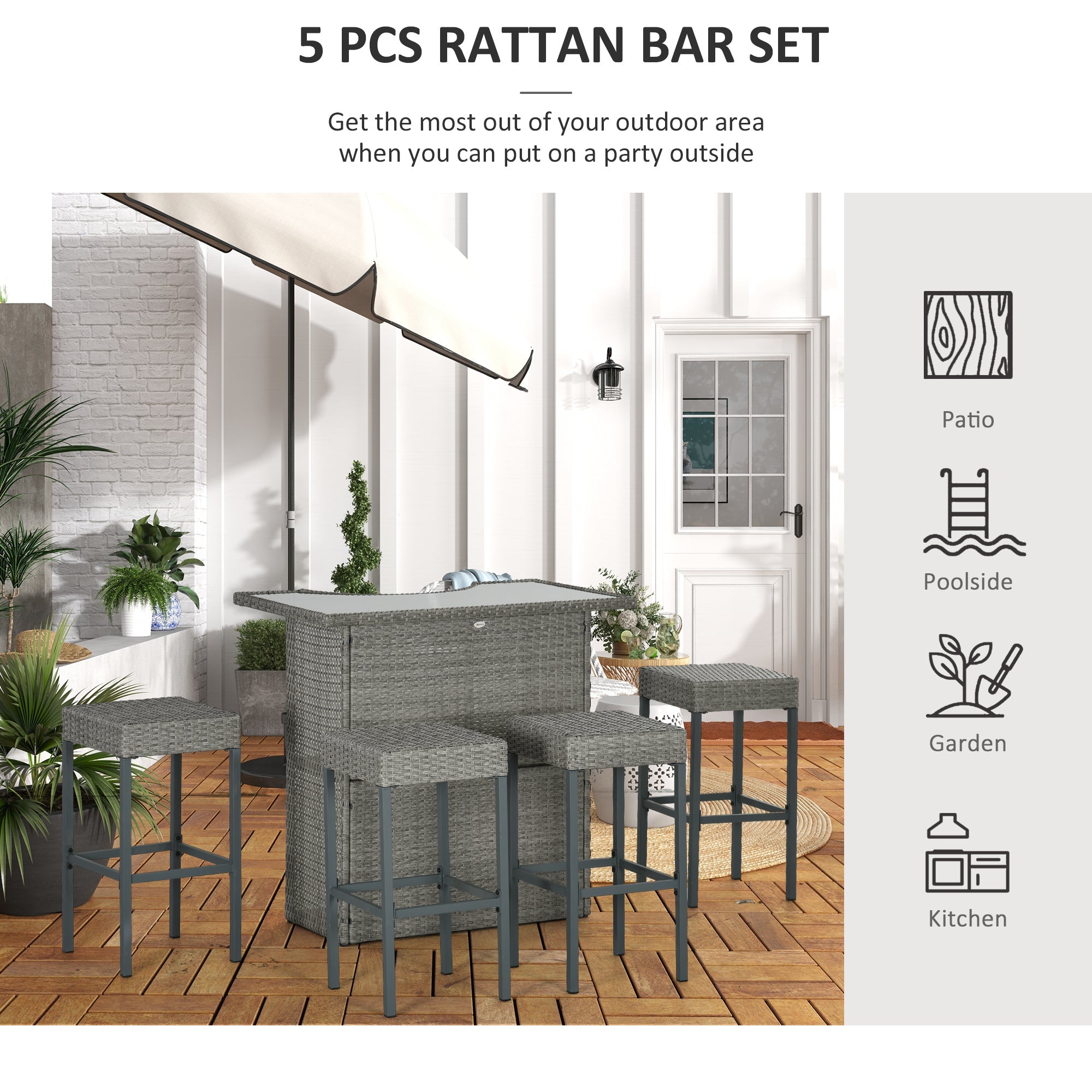 Outsunny 5 Pieces Patio Bar Set, Outdoor PE Rattan Wicker High Top Outdoor Table and Chairs Outdoor Bar Set with Tempered Glass Top Bar Table and Shelves, 4 Bar Chairs, Grey