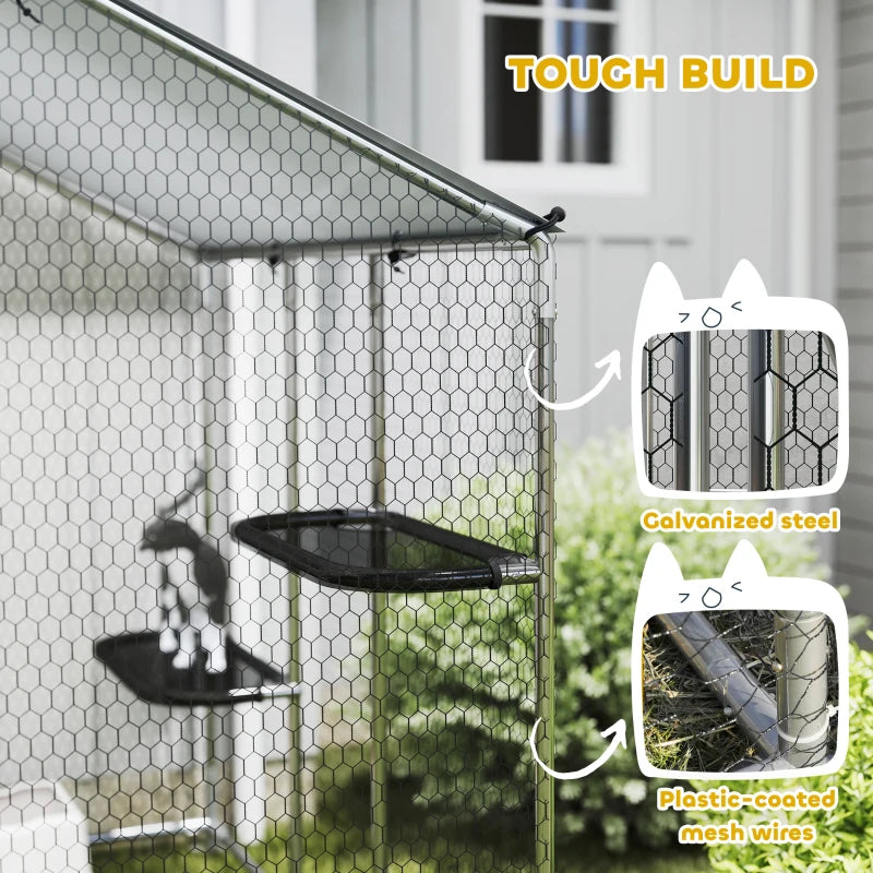 Large Catio Outdoor Cat Enclosure with Waterproof Cover, Walk-in Cat Patio w/ 5 Adjustable Platforms & Hammock 94.5" W