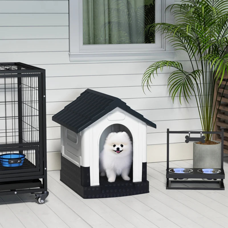 Outside Dog Kennel House with Windows, Base Support, for Garden Patio, Miniature Dogs, 64.5 x 57 x 66cm, Dark Grey
