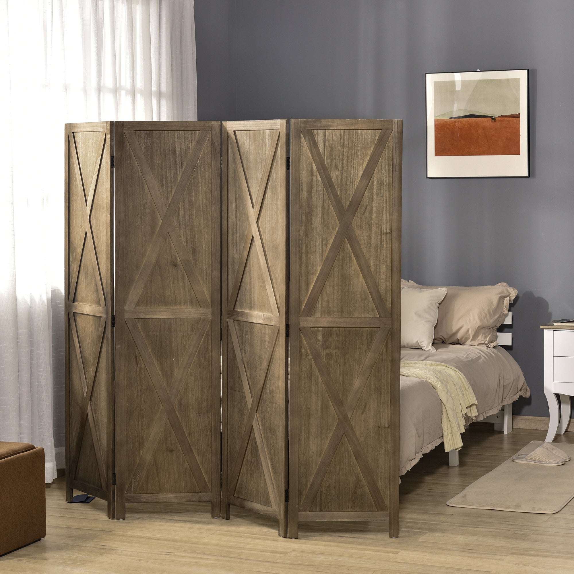 HOMCOM 4-Panel Wall Partition Farmhouse Room Separator: Foldable Design Wooden Frame 5.6FT, Brown