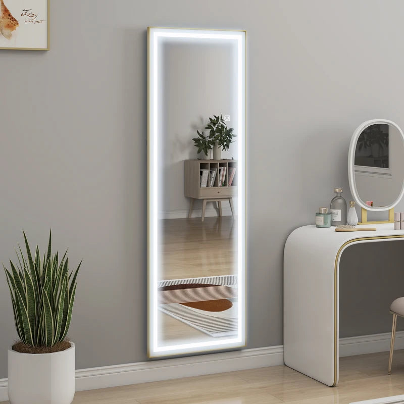 LED Mirror with Dimmable and 3 Colour Lights, 64" x 21" Rectangular Floor Mirror for Bedroom Living Room, Gold