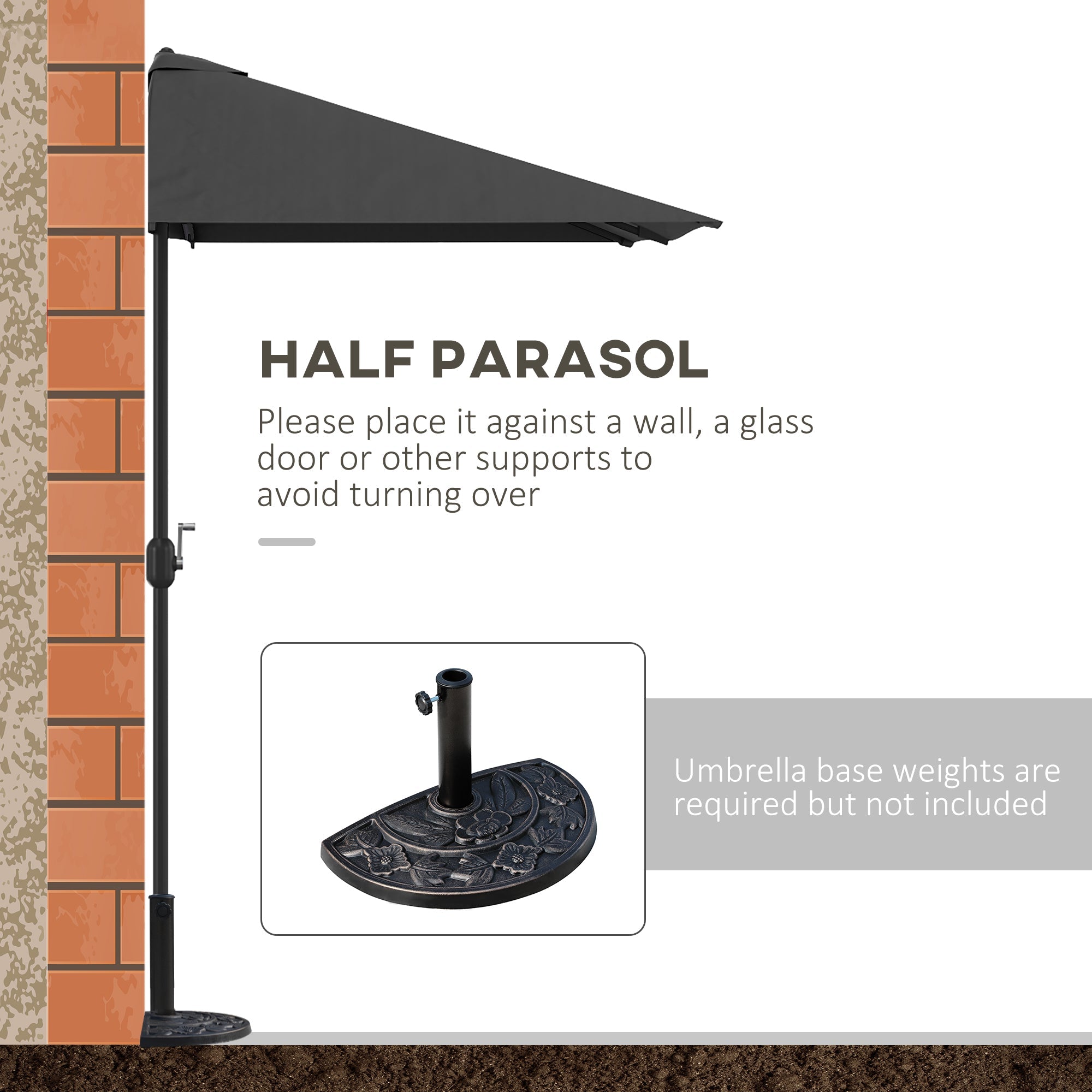 Outsunny 8ft Half Round Patio Umbrella Balcony Sun Shade Outdoor Parasol Garden Window Canopy 5 Ribs