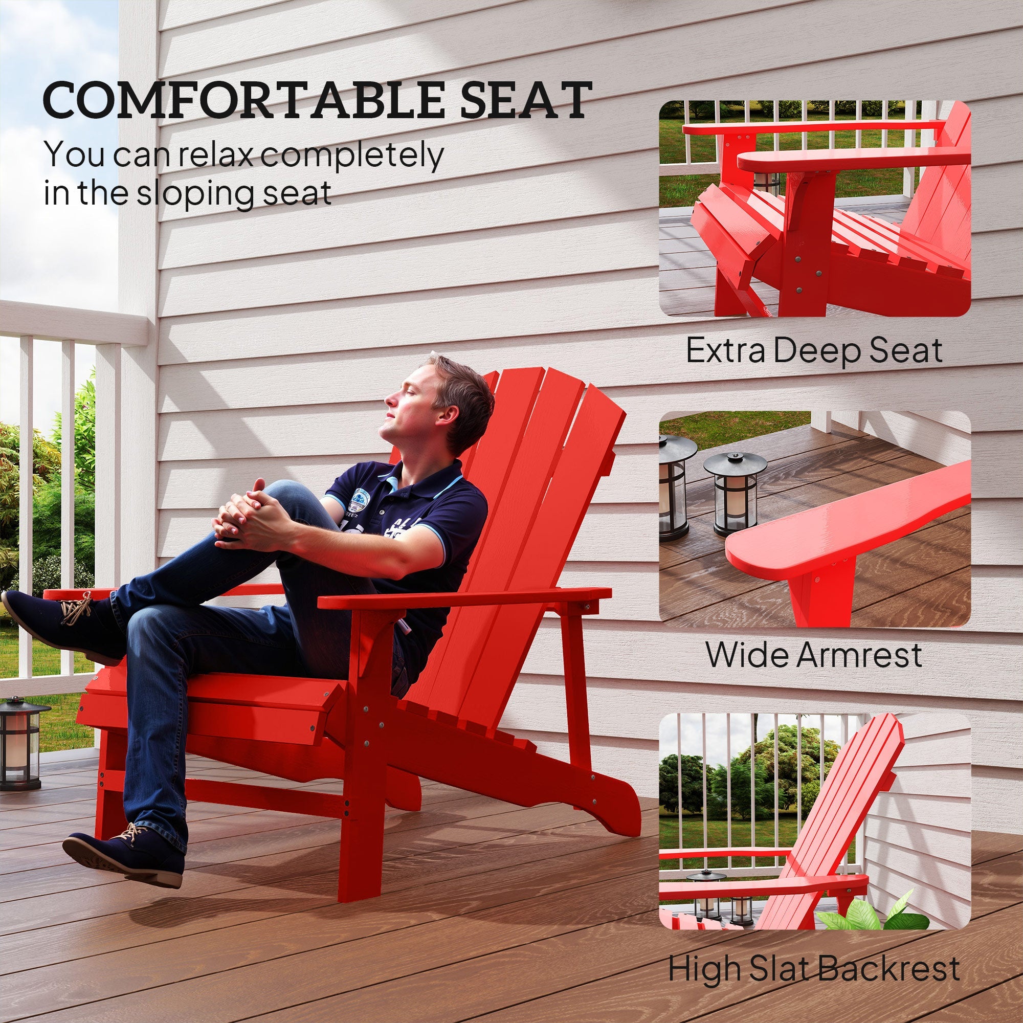 Outsunny Wood Adirondack Chair, Outdoor Patio Muskoka Chair with Slatted Design for Deck, Garden, Backyard, Fire Pit, Red