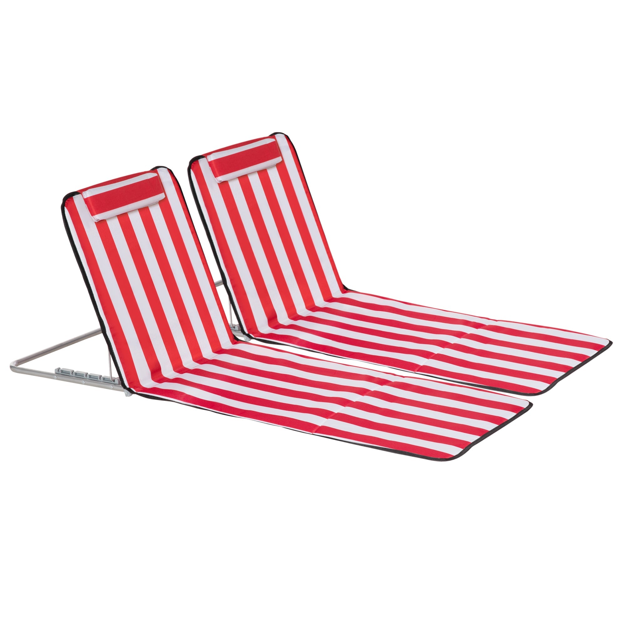 Outsunny Beach Mat Set of 2 Padded Folding Red White Adjustable Back Steel Frame Head Pillow