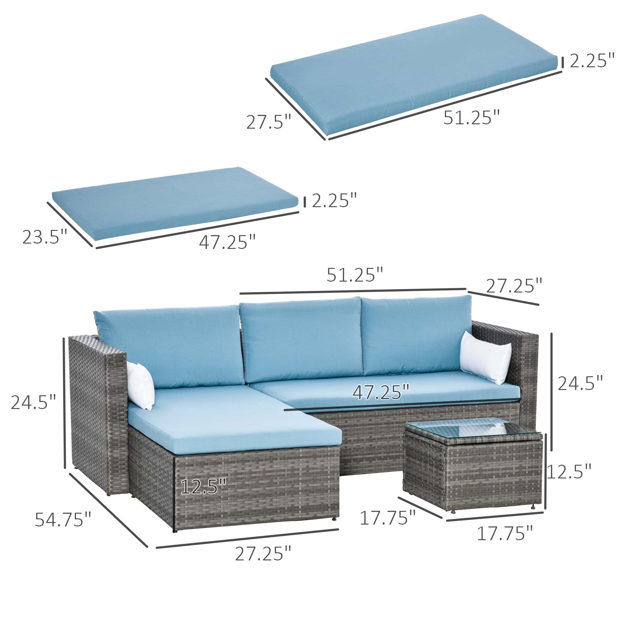 Outsunny 3-Piece Modern Outdoor Patio All-hand Woven Rattan Wicker Furniture Patio Coffee Table Sofa Set - Blue