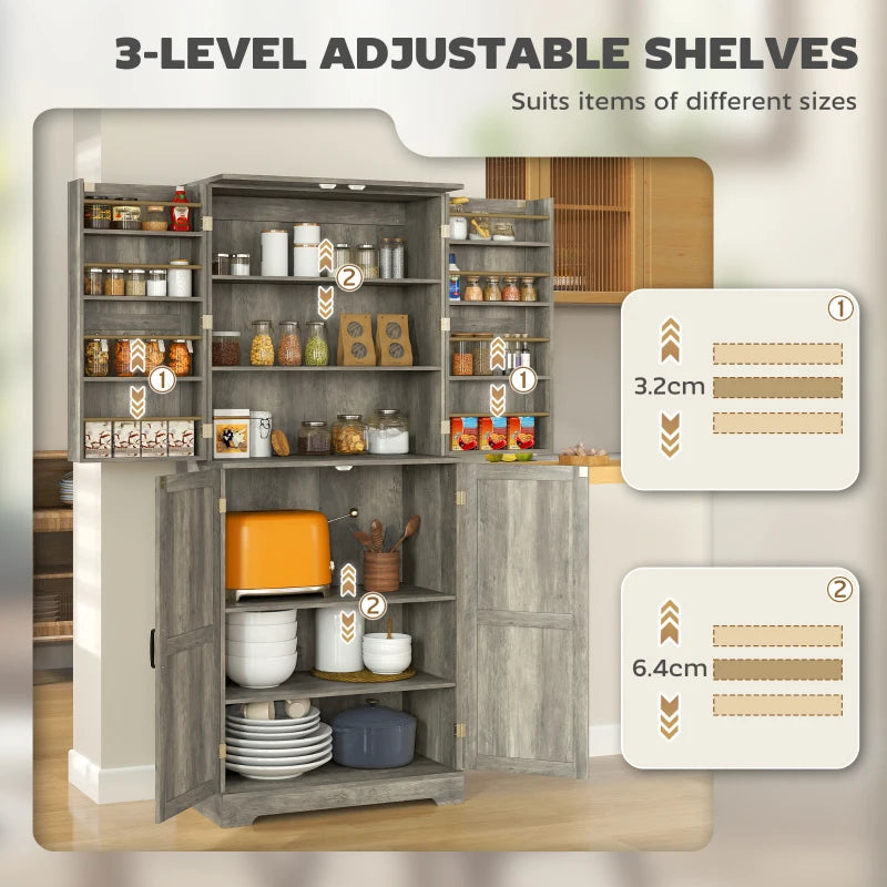 Farmhouse Kitchen Pantry Cabinet, Kitchen Cabinet with Barn Doors, Adjustable Shelves and Door Racks, Distressed Grey