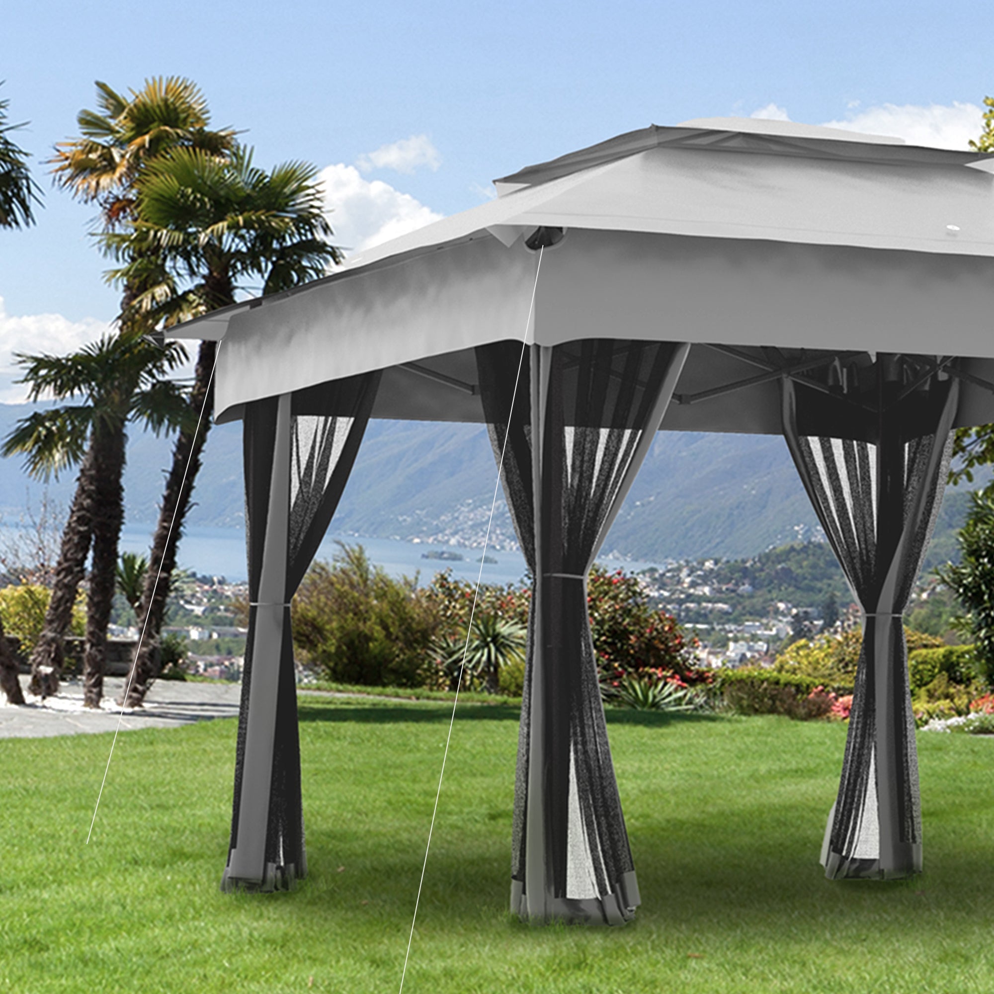 Outsunny 11'x11' Pop Up Event Canopy Tent 2-Tier Roof Soft Top with Netting Light Grey for Patio Garden