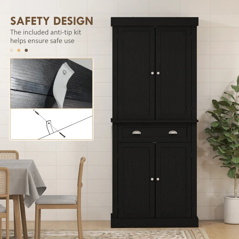 72" Tall Pantry Cabinet, Kitchen Storage Cabinet with 4 Doors, Drawer and 2 Adjustable Shelves, Black Wood Grain