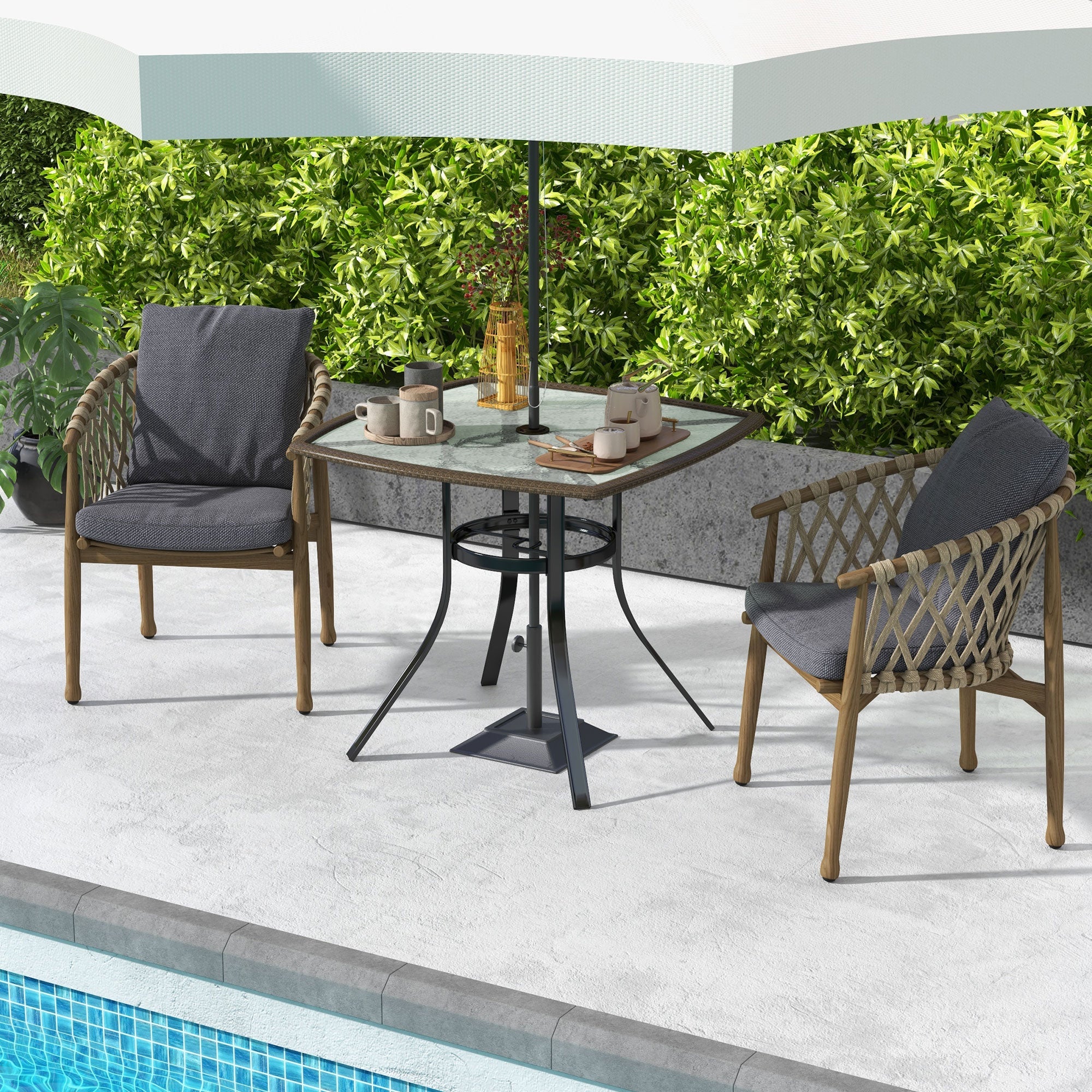 Outsunny Outdoor Oasis: 34" Square Patio Dining Table with Water-Grain Glass Top, Umbrella Hole, Dark Brown Finish