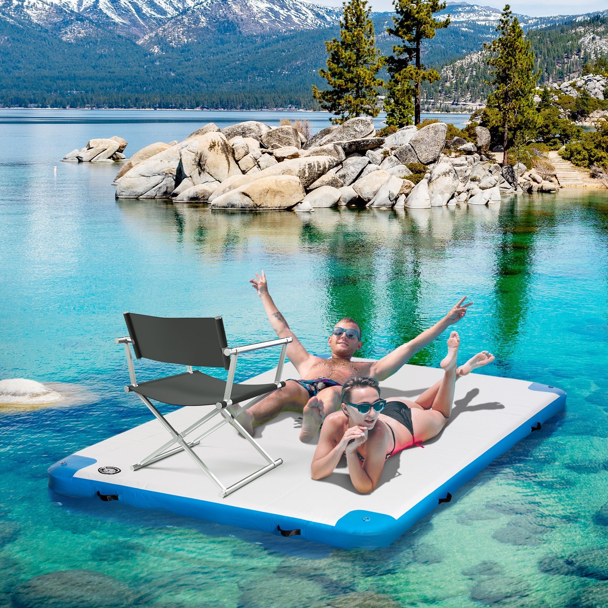 Outsunny 8' x 6' Water Floating Dock, Rafting Inflatable Island with Air Pump and Backpack for Pool, Beach, Ocean, Blue
