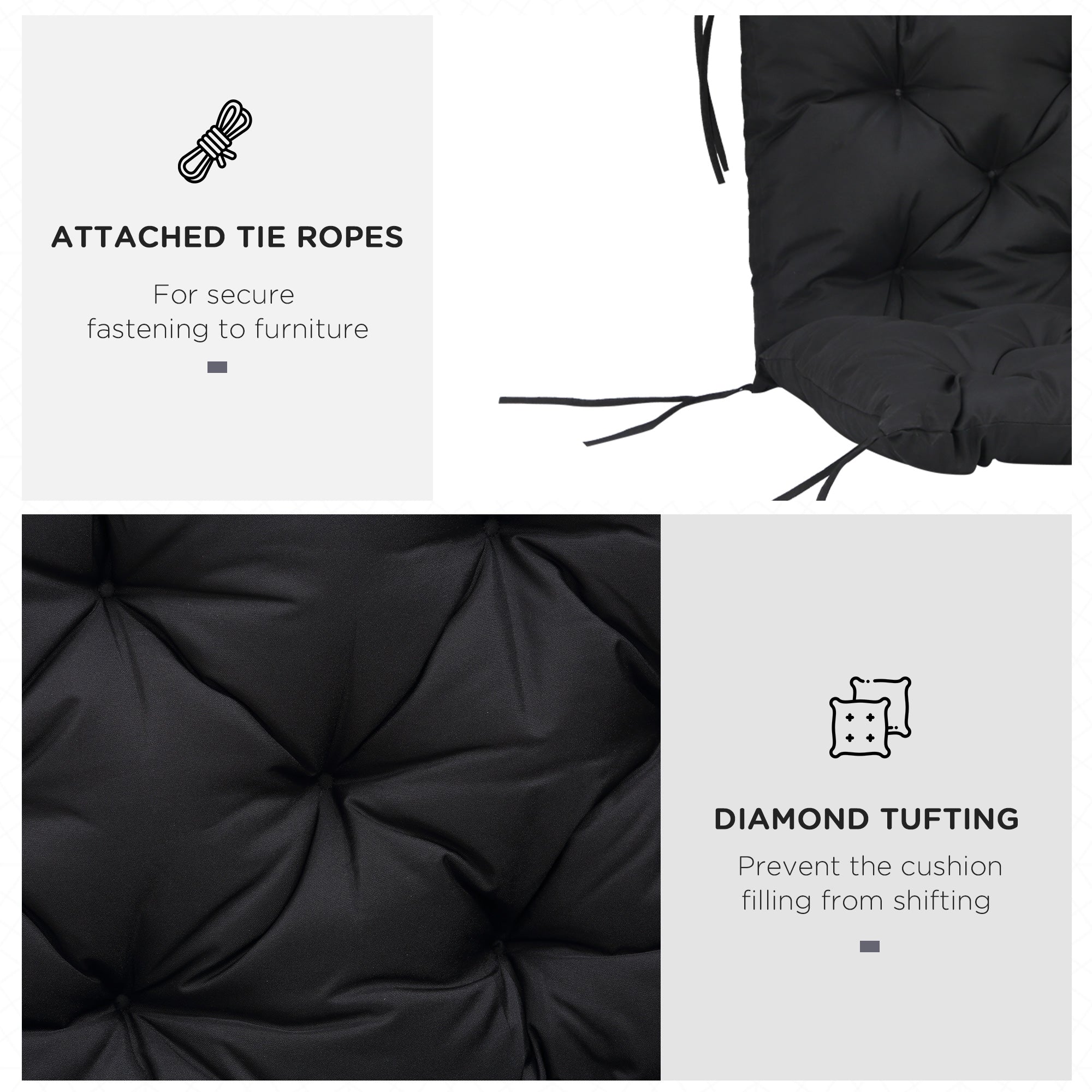 Outsunny 3 Seater Outdoor Seat Pads Bench Swing Chair Replacement Cushions Backrest for Patio Garden, Black