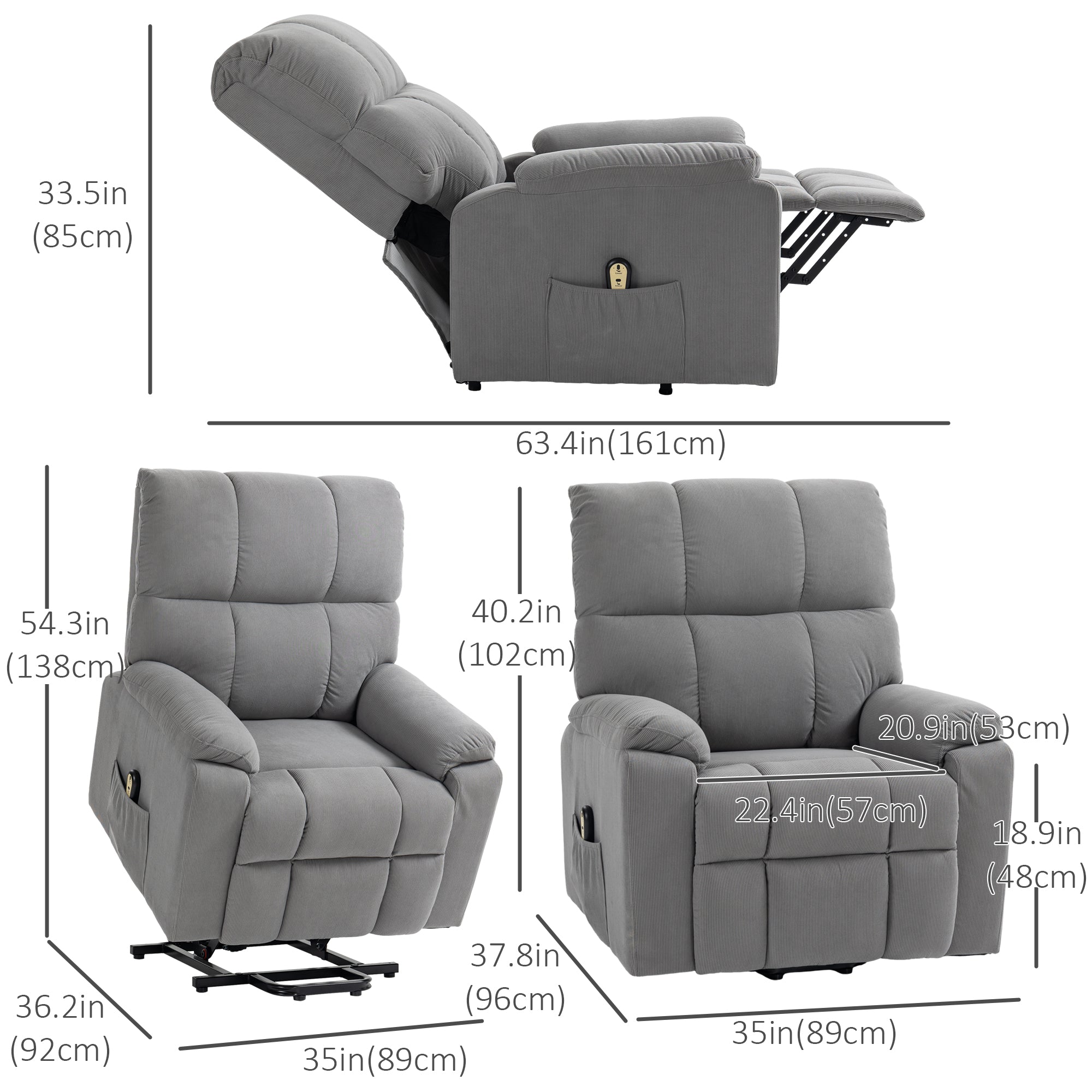 HOMCOM Electric Recliner Lift Chair for Elderly Fabric Upholstery Remote Control Side Storage Pockets Elegant Grey