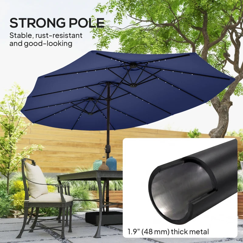 Double-sided Patio Umbrella with Base Included & 48 LED Lights 15ft Dark Blue