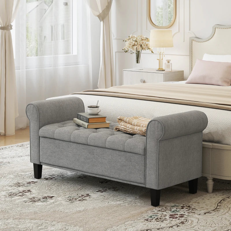 50 Inches Storage Ottoman, Upholstered Bedroom Bench with Rolled Arms and Button Tufted Storage, Light Grey