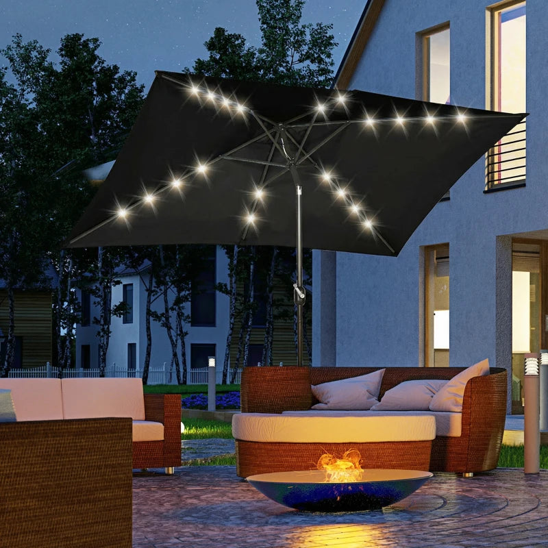 6.5x10ft Patio Umbrella, Rectangle Tilt Outdoor Market Parasol with LEDs, Black