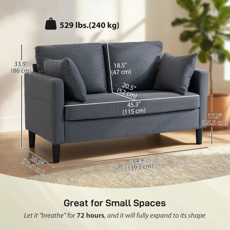 55" Loveseat Sofa, Modern Linen Upholstered Couch with Spring Cushion, 2 Pillows, Dark Grey