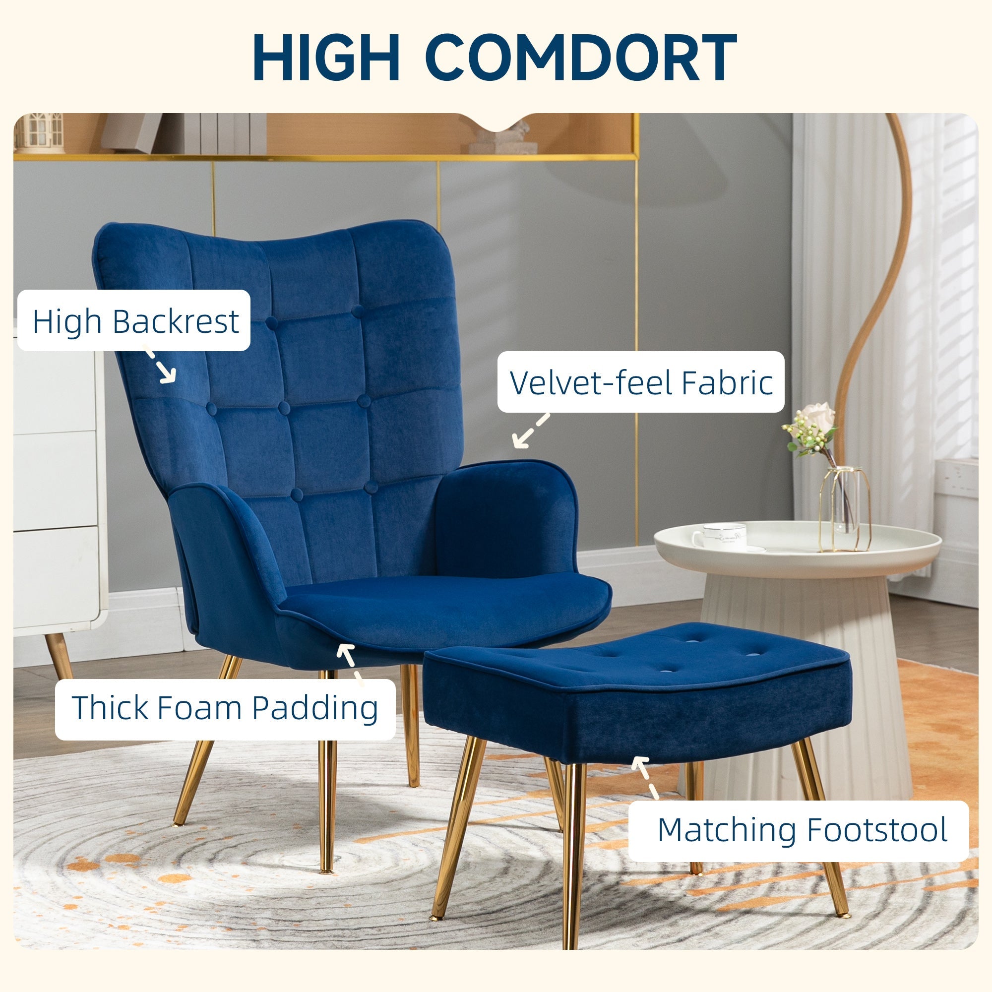 HOMCOM Chic Seating Ensemble: Dark Blue Upholstered Armchair with Ottoman, Gold Metal Legs for Bedroom, Living Room