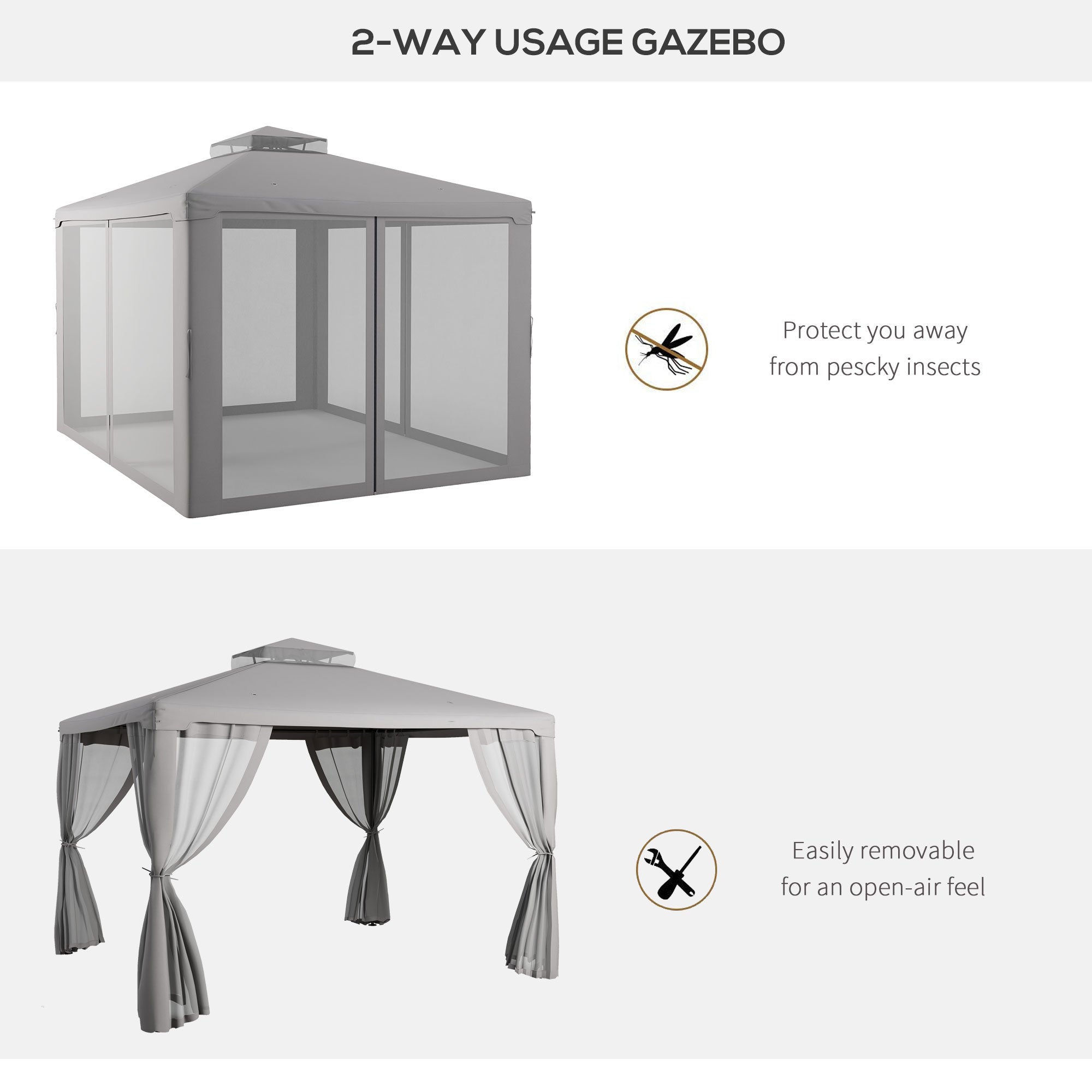 Outsunny 11.65' x 10' Patio Gazebo Outdoor Pavilion 2 Tire Roof Canopy Shelter Garden, Steel Frame w/ Mosquito Netting, Light Grey