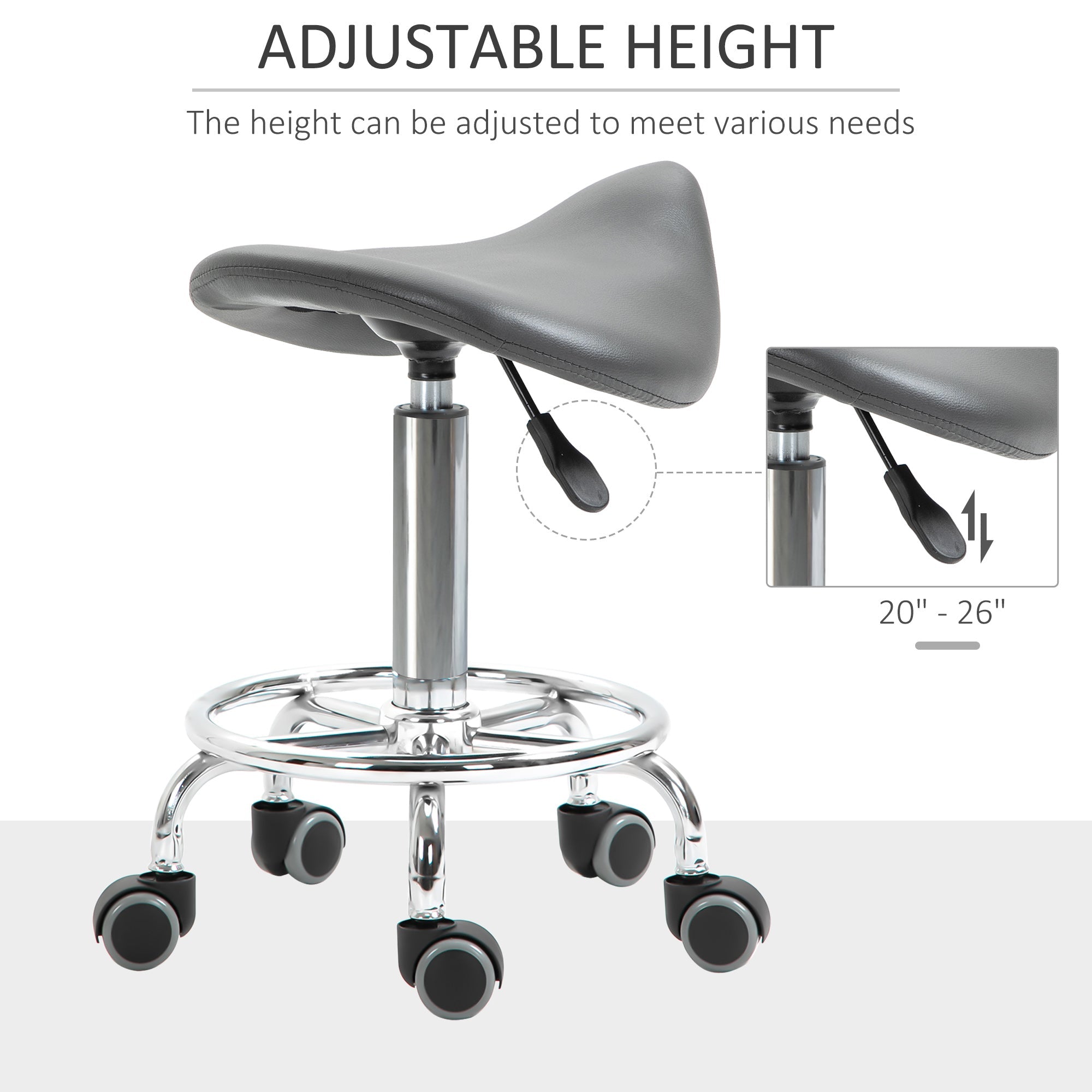 HOMCOM Saddle Stool PU Leather Adjustable Rolling Salon Chair Grey for Massage Spa Clinic Beauty Tattoo