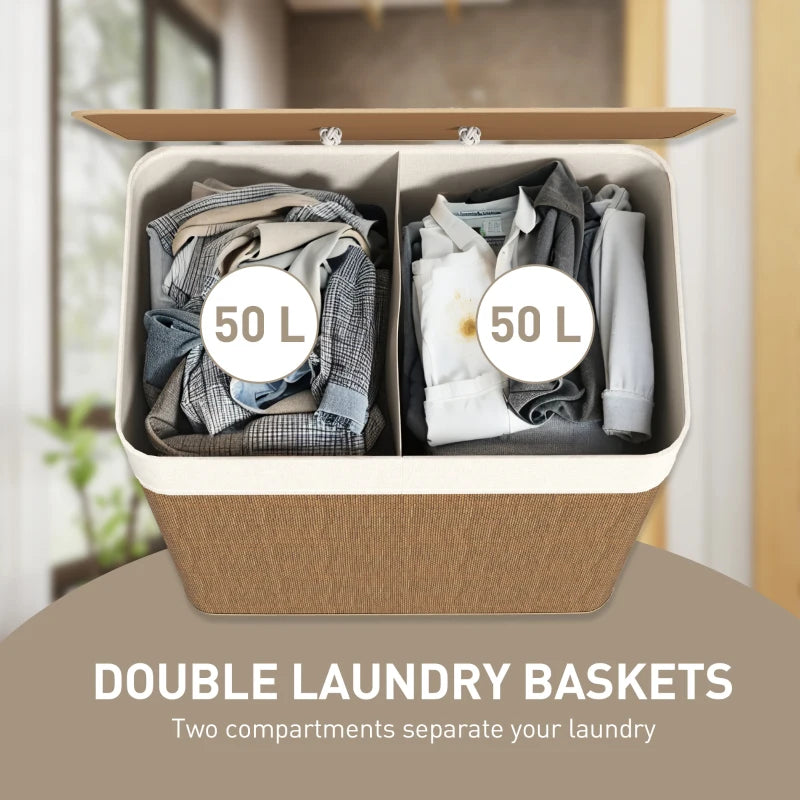 Double Laundry Basket with Lid, 100L Bamboo Laundry Hamper with Rope Handles and Removable Bags, Brown