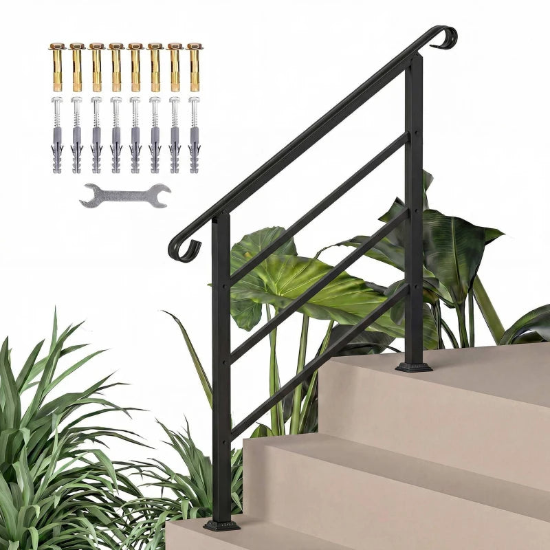 Hand Rails for Outdoor Steps, Adjustable Outdoor Stair Railing for 2 to 3 Steps, Black