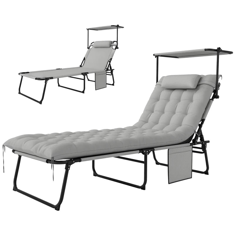 Folding Lounge Chair with Adjustable Canopy, 4-Position Outdoor Tanning Chair with Headrest, Light Grey